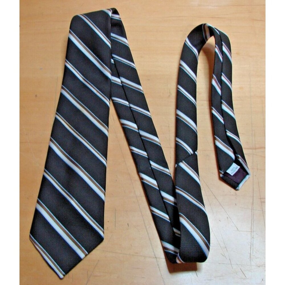 Gerard Philippe Necktie Mens Brown White Tan Striped Polyester Office Formal Vtg
